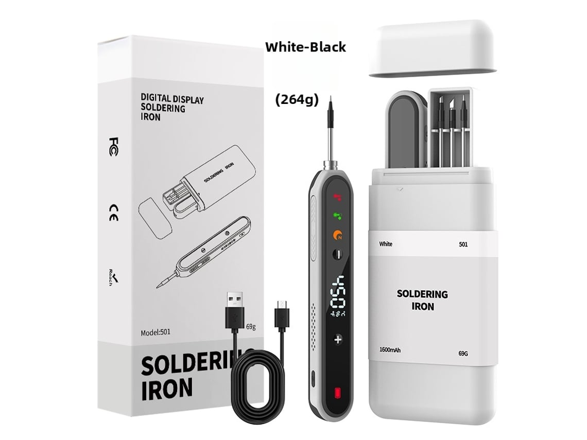 Ferro de soldar portátil USB de 15 W e 1600 mAh com temperatura ajustável de 180 °C a 450 °C e 3 pontos de solda, da Digitallab, nas cores branca e preta.