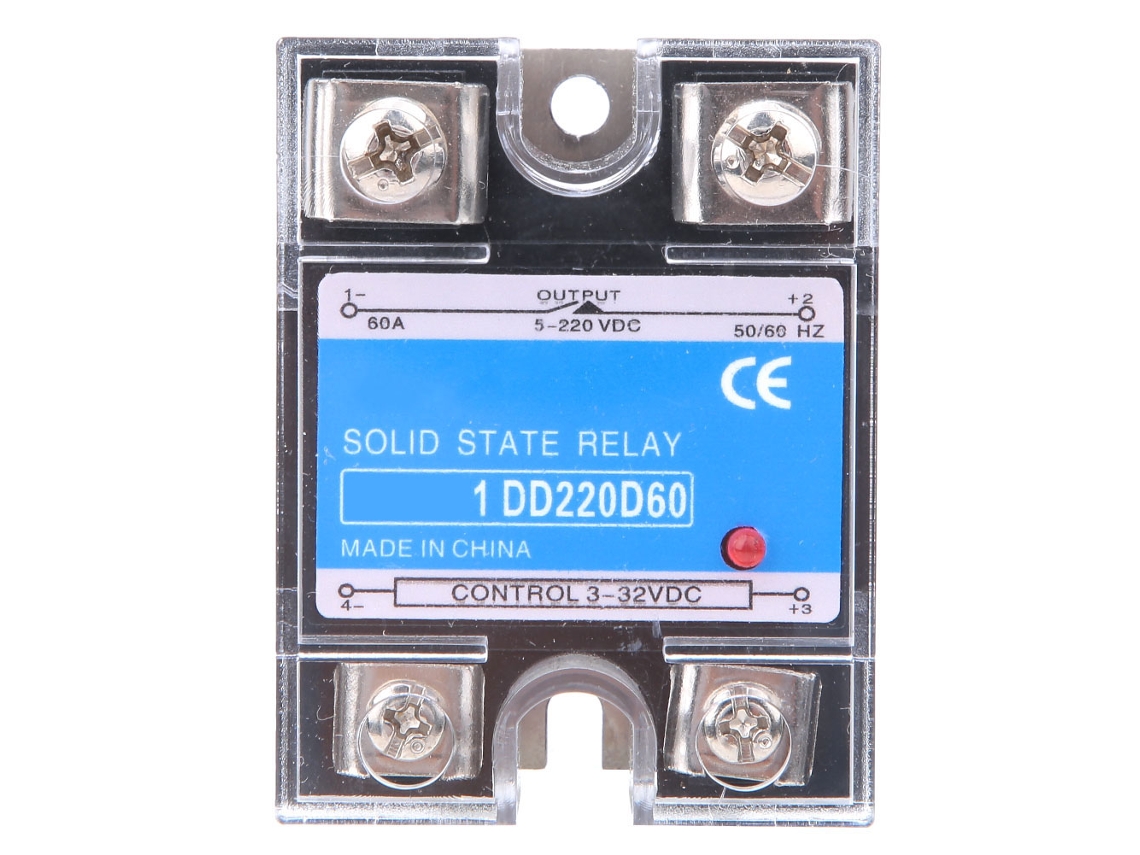 Relé De Estado Sólido (ssr) De Cc. Entrada: 3-32 V Cc. Salida: 5-220 V Cc. Control: 60 A. Incluye Indicador Led Y Placa Disipadora De Calor.