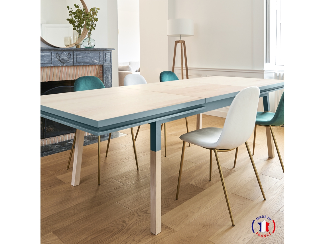 Mesa de Comedor Rectangular MON PETIT MEUBLE FRANÇAIS con 2 Extensiones (Azul Frehel - Madera - 180 x 76 x 100 cm)