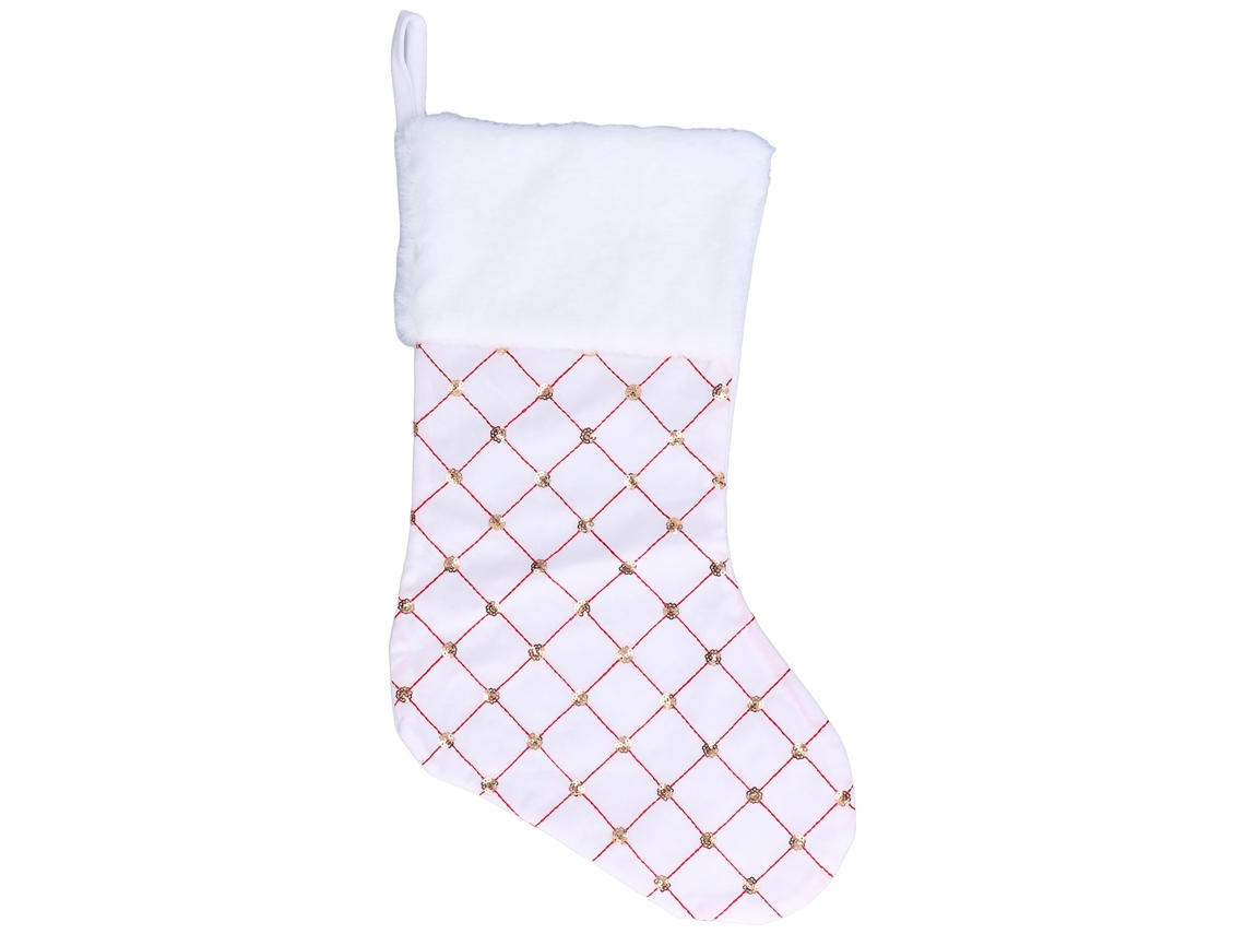 Calcetín Navideño Blanco De Lúrex Para Decorar El Árbol De Navidad Y La Chimenea.