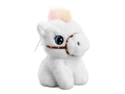 Peluche extra suave y esponjoso con detalle colgante. Diseño de asiento de potro blanco. 13 cm.