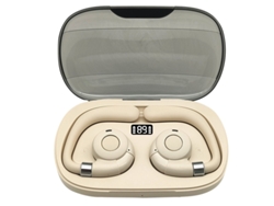 Auriculares abiertos color beige, con carga, resistentes al agua y Bluetooth.