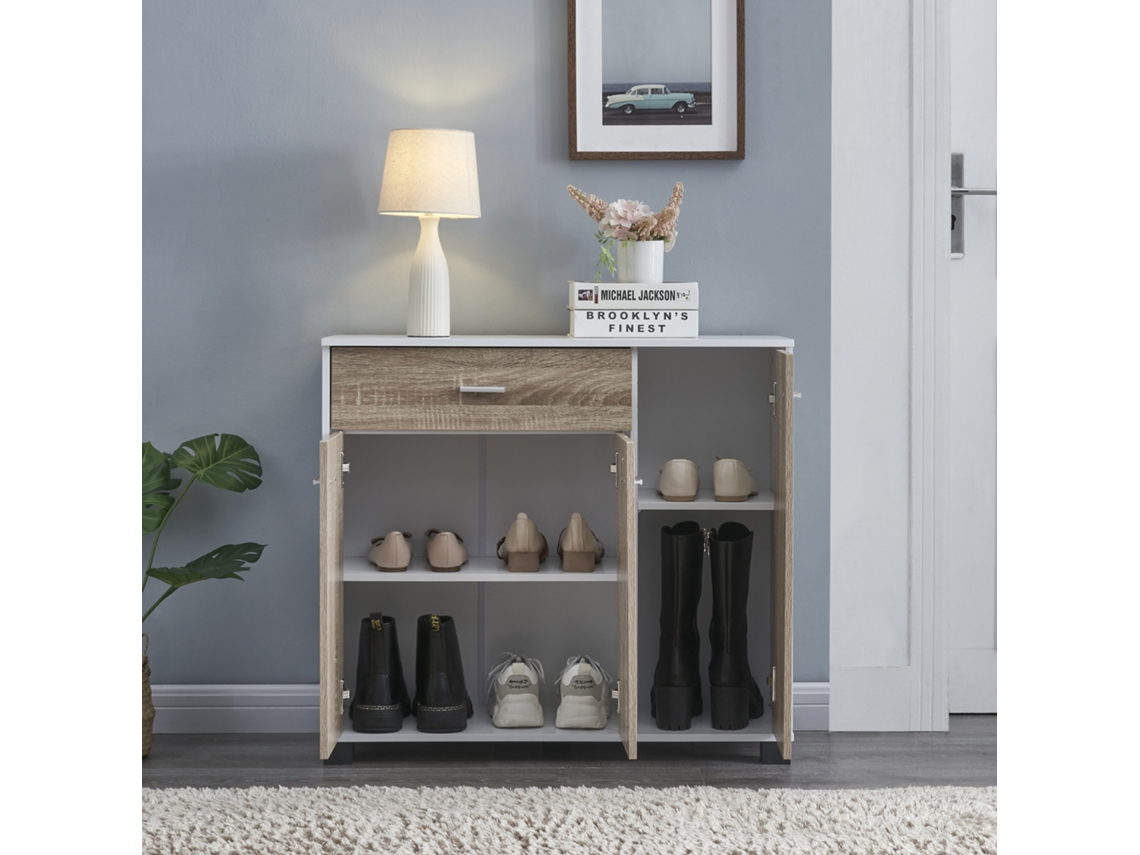 Aparador Bobeck [EN.CASA] con cajón y dos compartimentos cerrados aglomerado (72 x 80 x 28 cm - Blanco / Efecto roble)