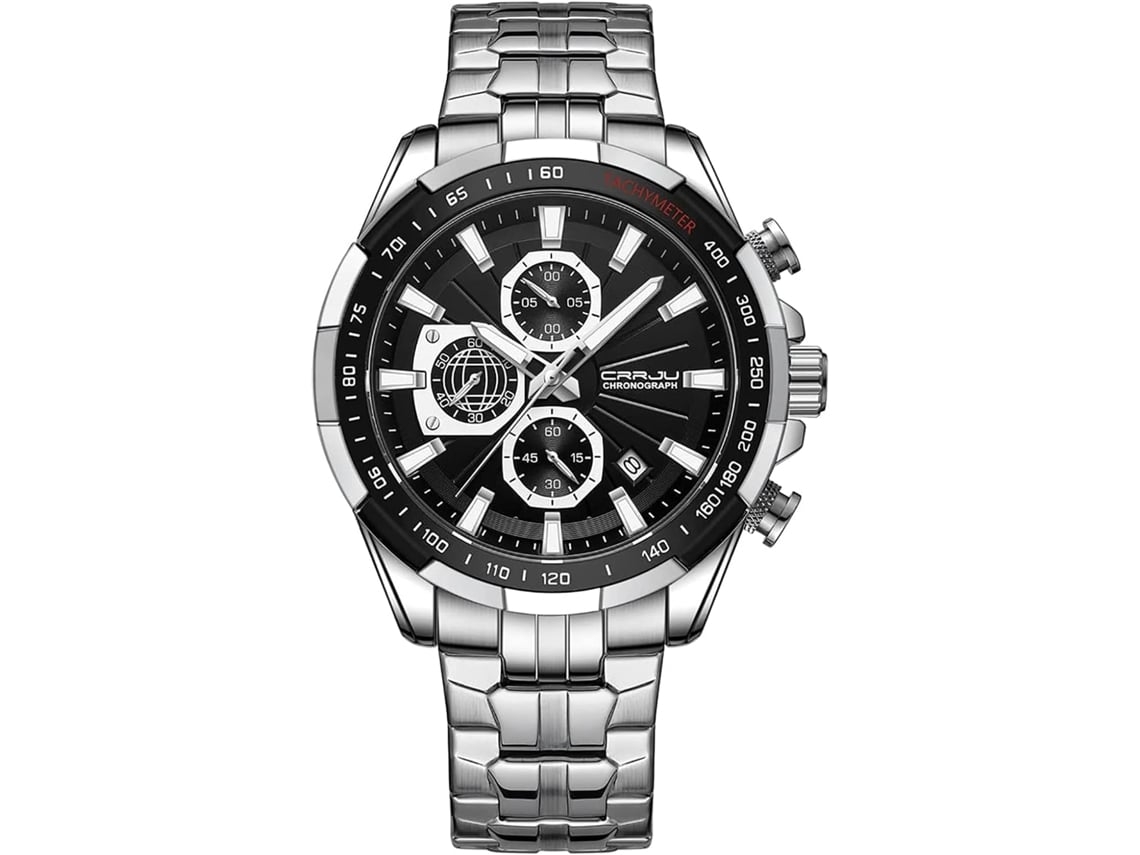 Reloj De Pulso Masculino De Acero Inoxidable Con Fecha Automática Y Cronógrafo Resistente Al Agua Plata Negro Yuysan