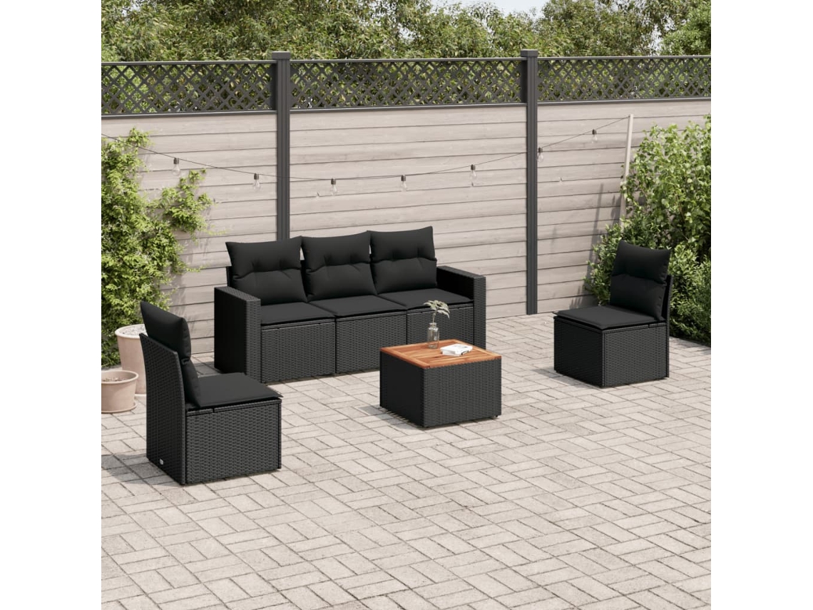 Conjunto de sofá de jardín de 6 piezas con cojines, mimbre sintético negro, DKD Home Decor
