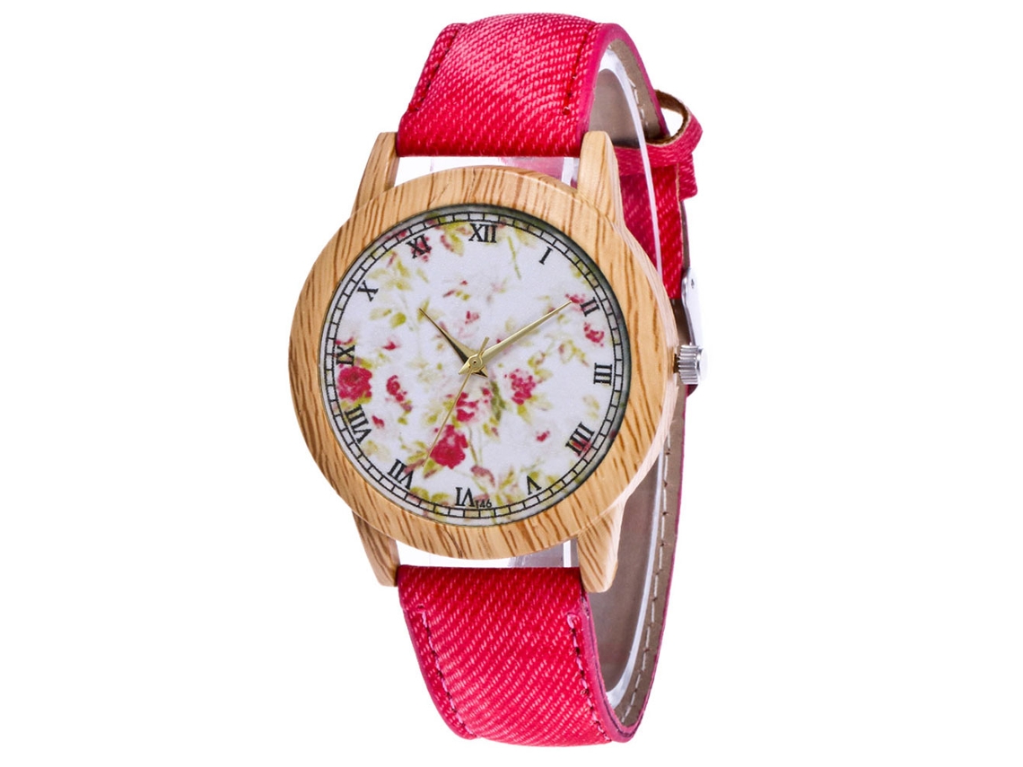 Reloj De Pulsera Informal De Mezclilla Con Estampado Floral Para Mujer Y Correa De Cuarzo Roja.