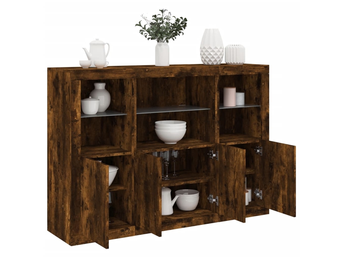 Pack 3 Uds Aparador | Mueble De Comedor | Buffet Con Luz Led Madera De Ingeniería Roble Ahumado Wsd279059