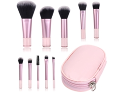 Juego De 10 Mini Brochas De Maquillaje Rosas Con Estuche De Pu, Portátiles Para Viajes/acampadas.