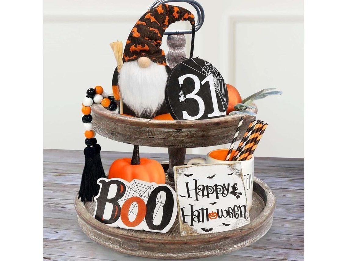 Decoraciones De Halloween: Letreros De Madera, Duendes Adorables Y Guirnaldas De Cuentas. ¡feliz Halloween!