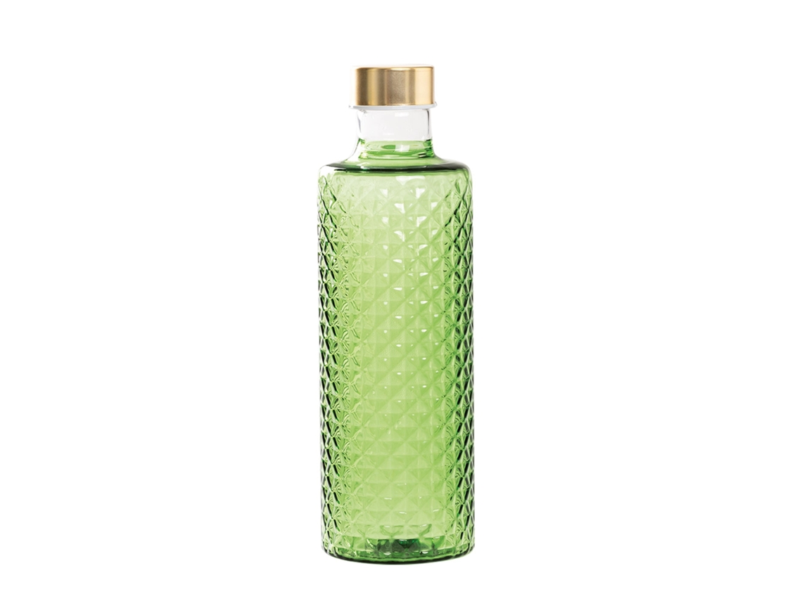 Botella Isolano Artesanal En Vidrio Borosilicato Soplado Verde Manzana, Efecto Diamante Y Dos Tapones Incluidos Para Un Estilo Contemporáneo Único