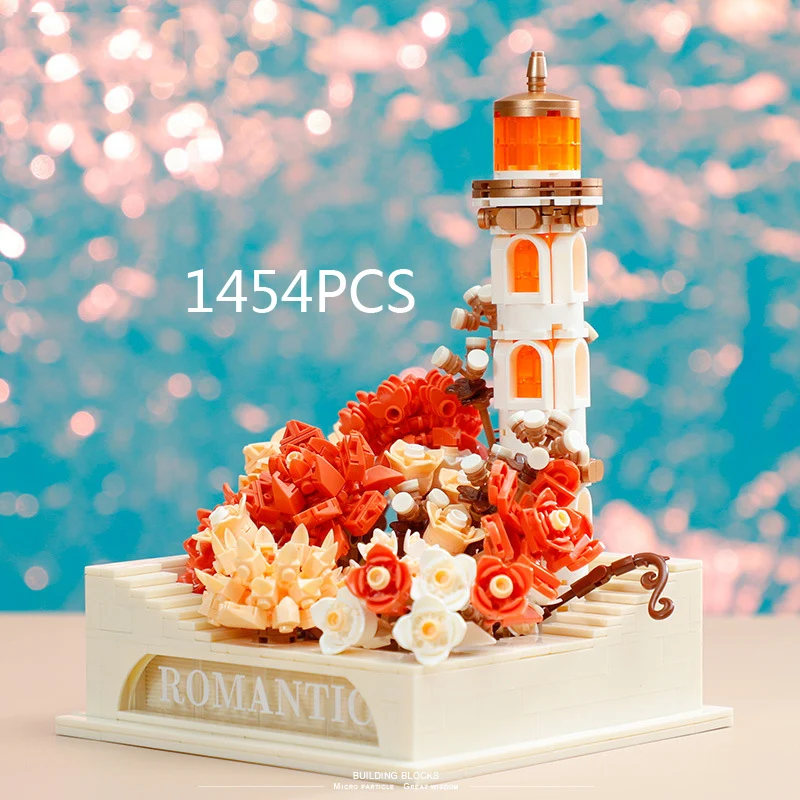 (Faro del Amor) Bloques de construcción creativos, flores románticas, mini monumento de bloques de construcción con luces