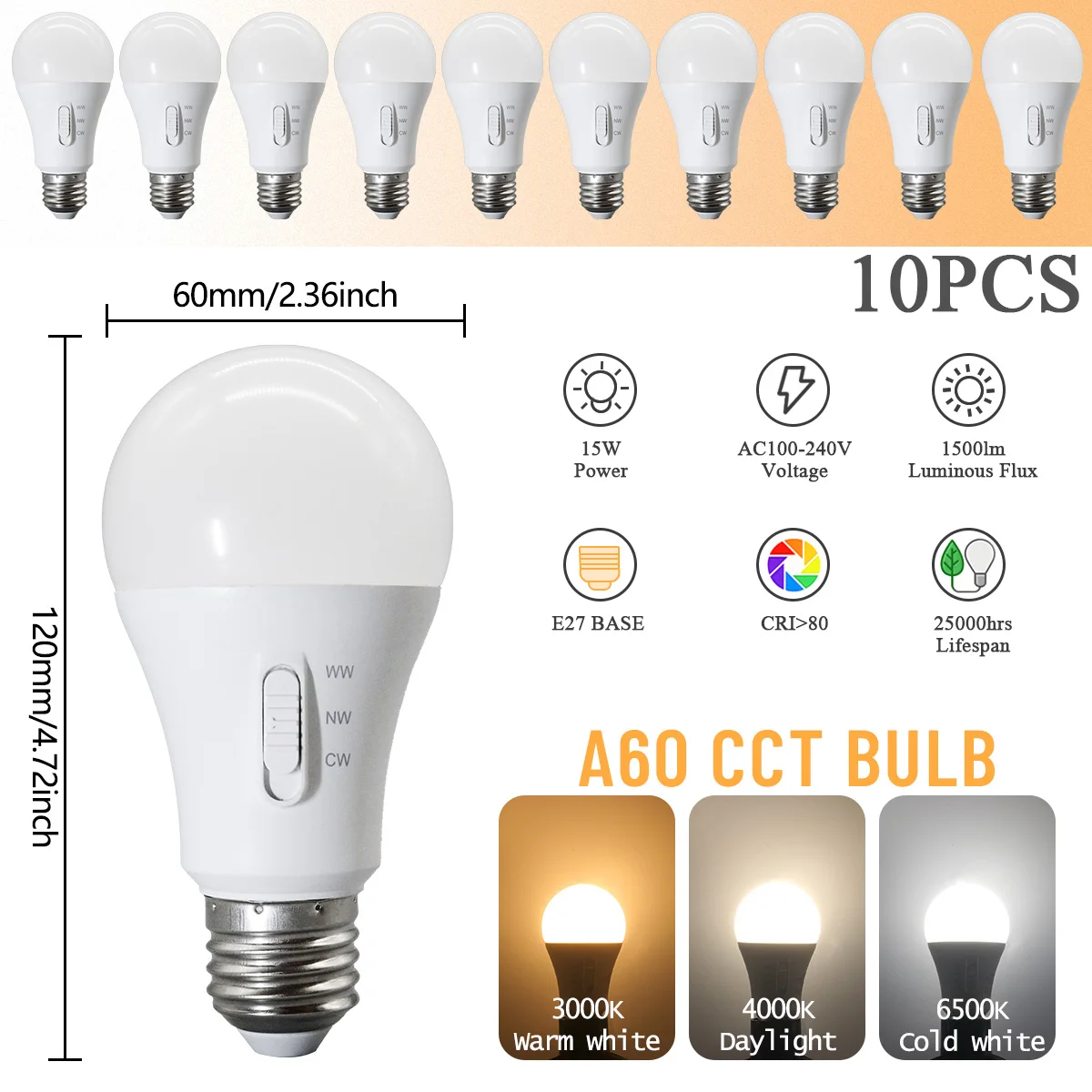 (10pcs, Ac100-240v) Bombilla Led E27 Con Interruptor Dip, Interruptor De Temperatura De Tres Colores, 15w, Para La Iluminación Del Hogar