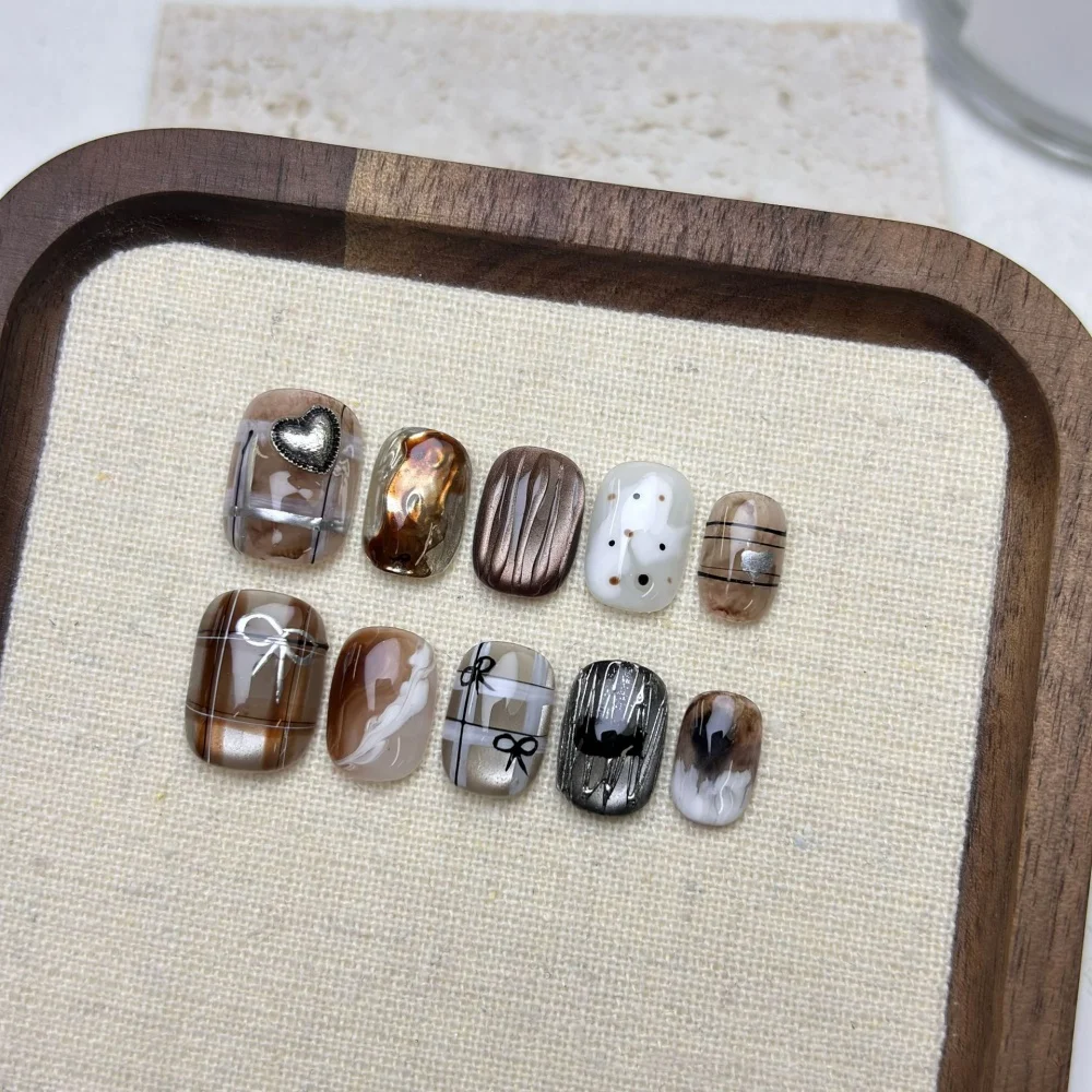 (a134-s) Paquete De 10 Uñas Postizas Cortas Hechas A Mano, Cobertura Completa Estilo Ojo De Gato.