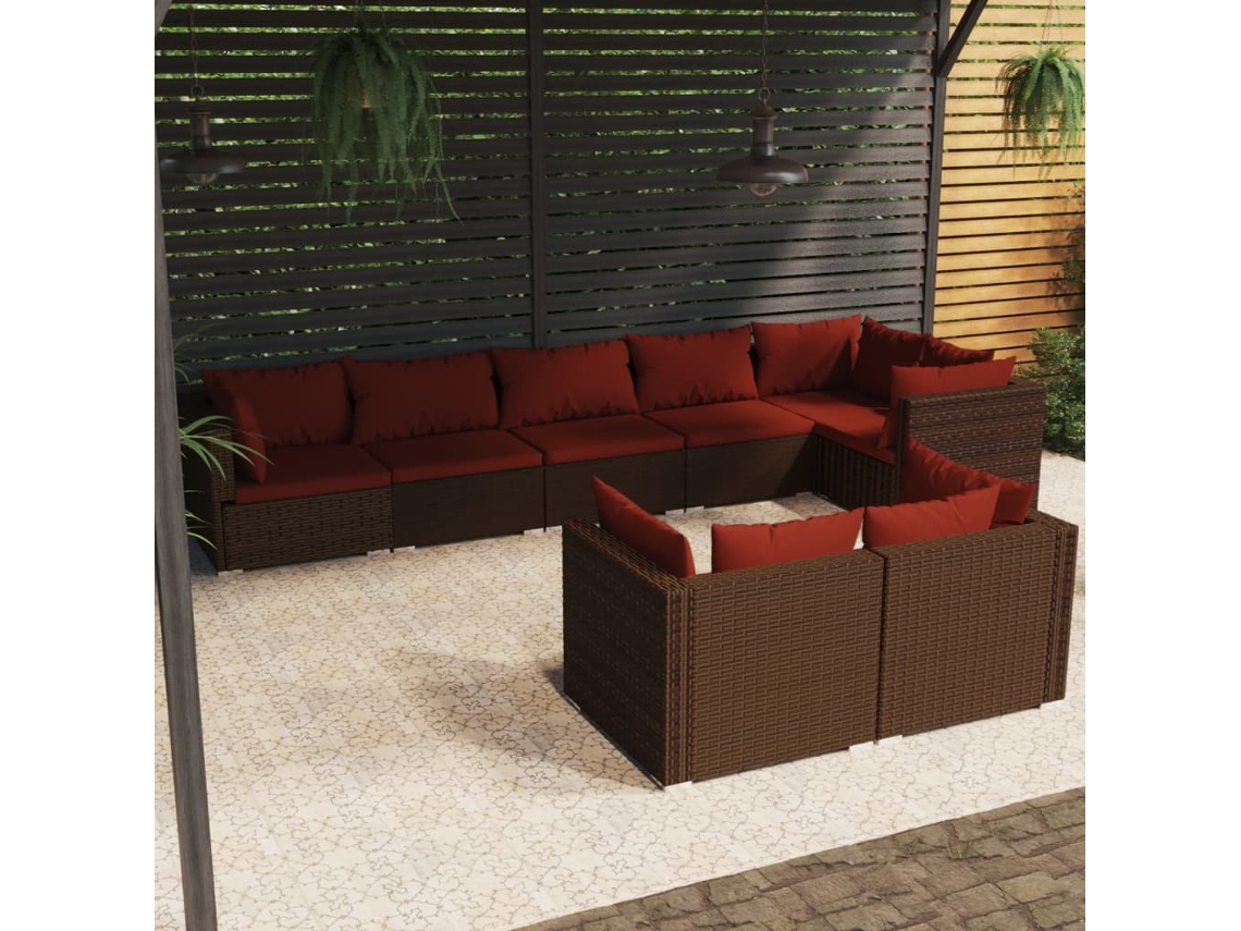 Conjunto de muebles de jardín con cojines de mimbre marrón, Dkd Home Decor