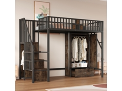 Cama Alta De 90x200 Cm, Armario De Metal Y Madera Negro Con Cajones Y Escalera.