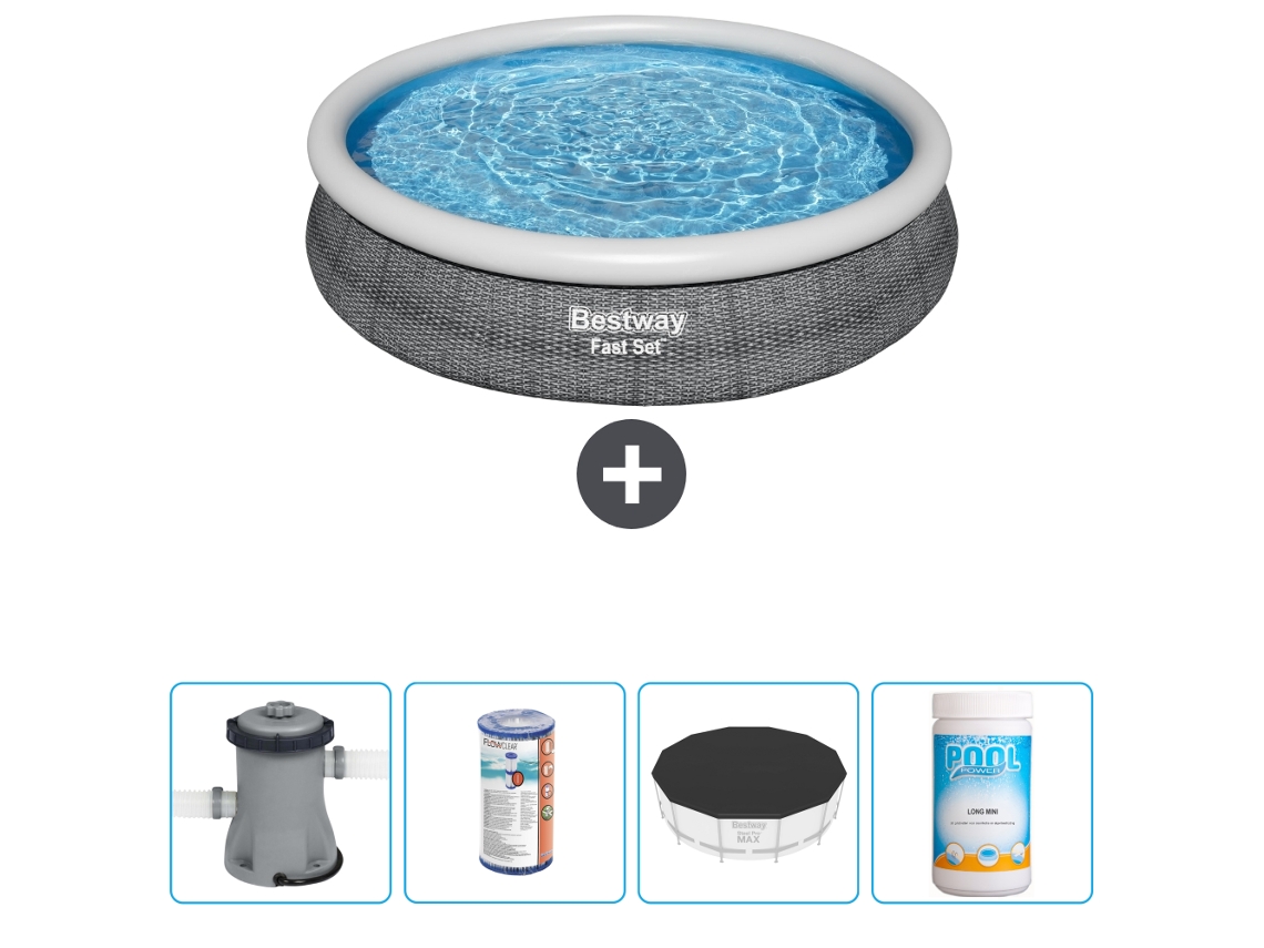 Piscina hinchable redonda Fast Set BESTWAY - Estampado ratán - 366 x 76 cm - Bomba incluida Filtrar - Cubrir - Cloro