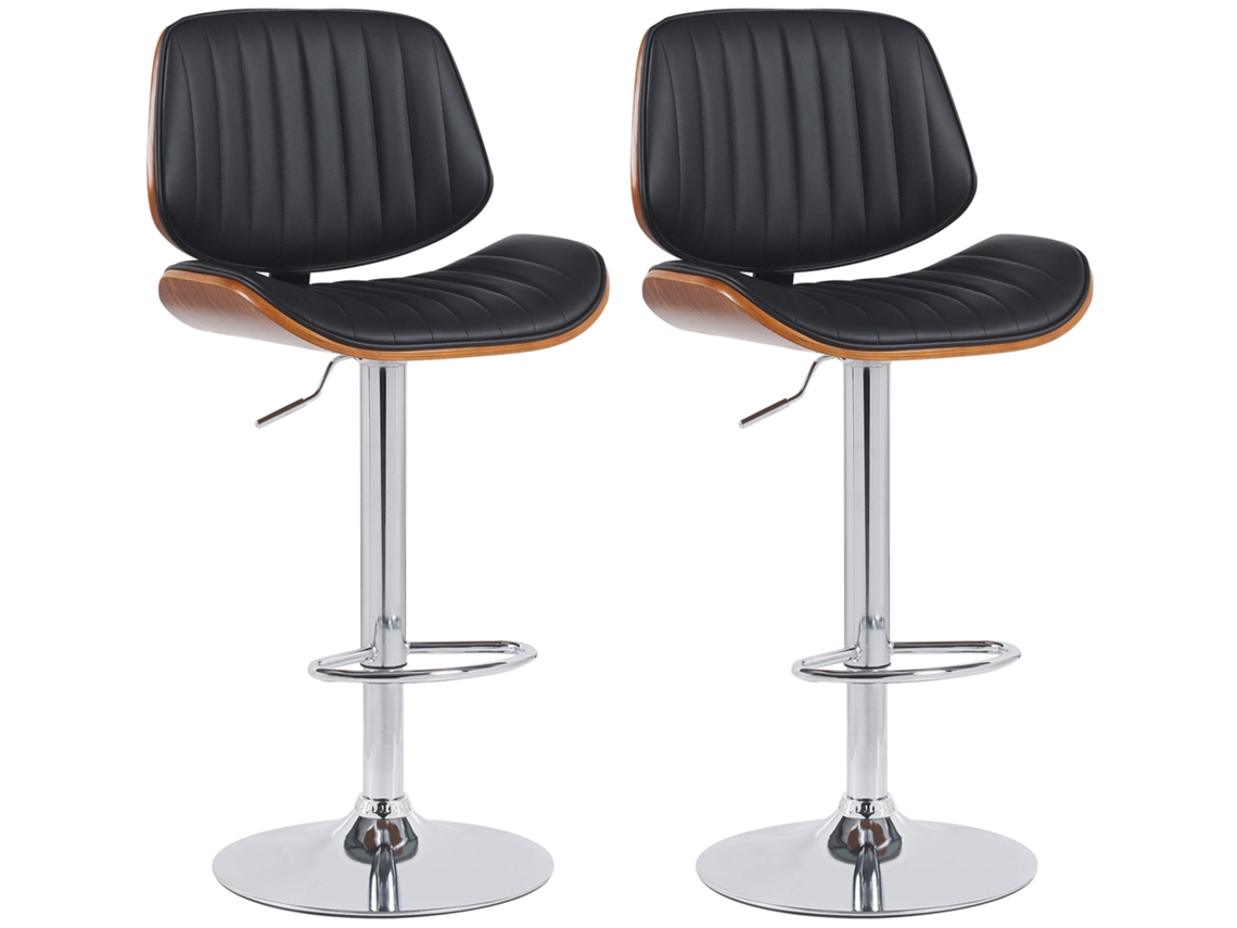 Juego de 2 taburetes de bar de estilo retro moderno con asiento de PVC negro, madera de nogal y estructura metálica cromada 10_0006349