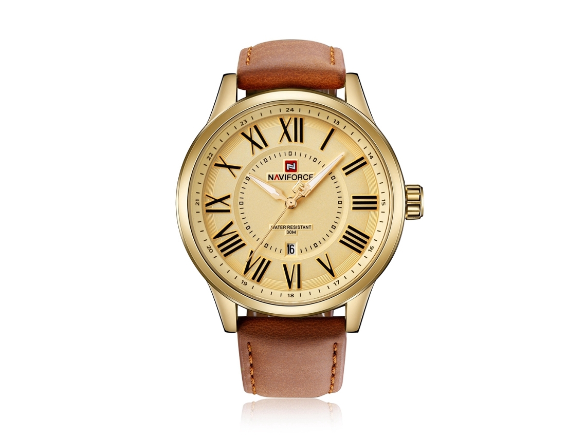 Reloj De Pulsera De Cuarzo Impermeable Para Hombre Con Correa De Pu Y Caja Dorada De Naviforce.
