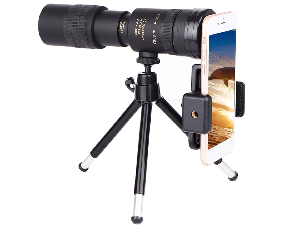 Telescopio monocular con prisma BAK4 de 10-300 x 40 mm con soporte para teléfono inteligente y trípode para adultos Observación de aves Camping IKIKSO