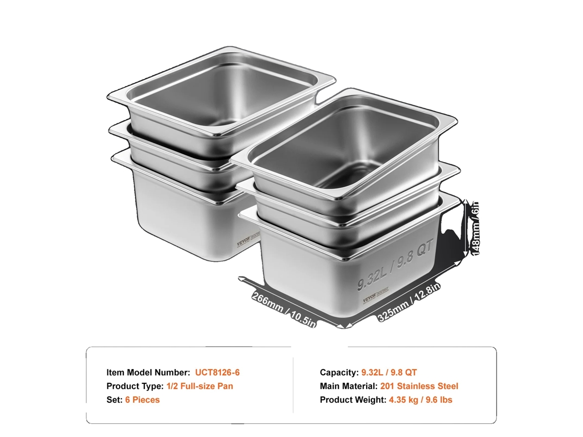 Bandeja de buffet de acero inoxidable de tamaño 1/2, construcción duradera, fácil manejo, 6 piezas 9.8qt
