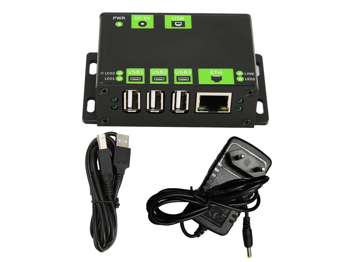 Hub USB industrial de alta calidad Baoj-2026 con carcasa metálica, 3 puertos USB, puerto de red de 100 m y adaptador de enchufe europeo de 100-240 V.
