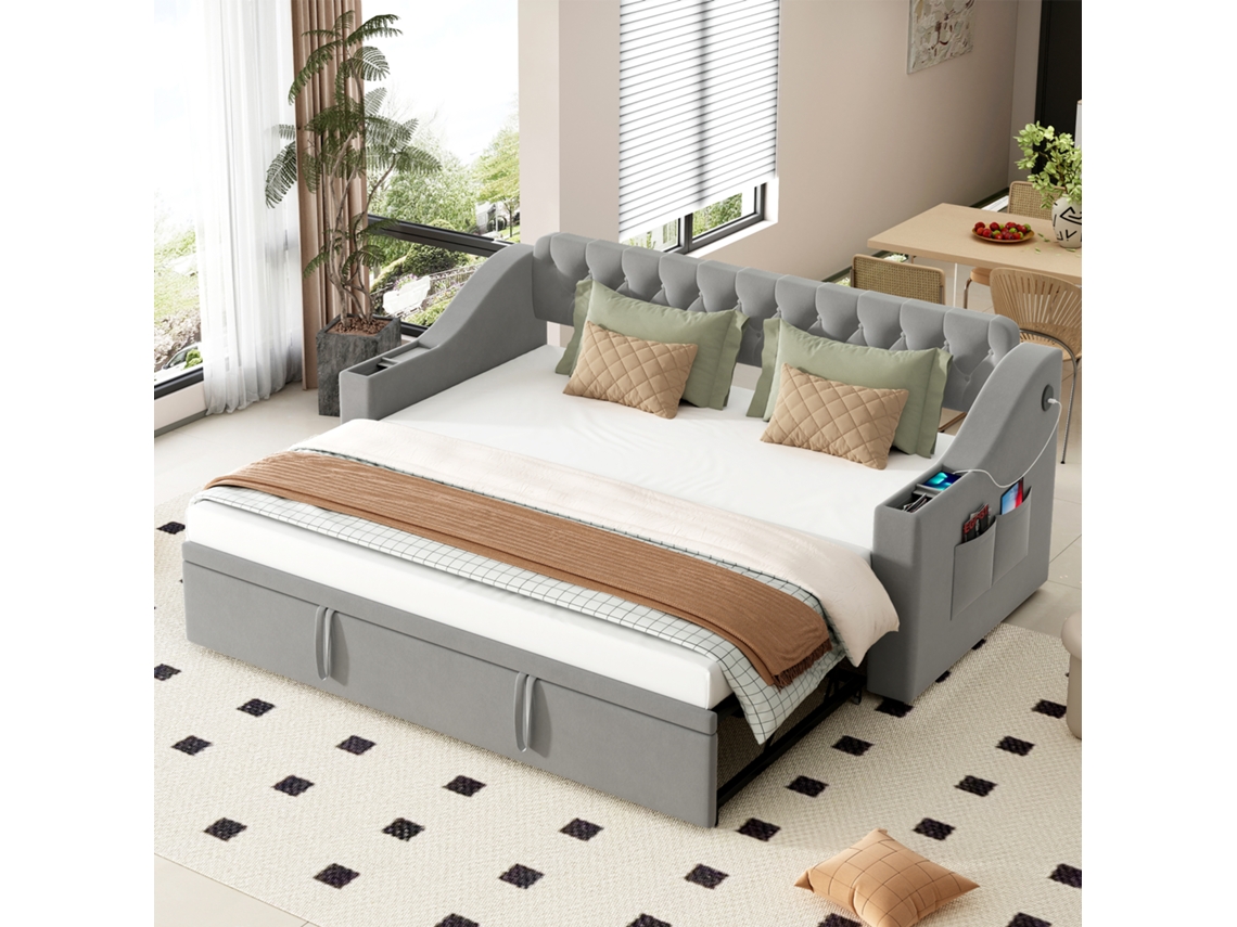 Sofá Cama Tapizado, 90/180x190 Cm, Reposabrazos Más Anchos Y Gruesos Con Puerto De Carga Usb, Con Somier, Gris