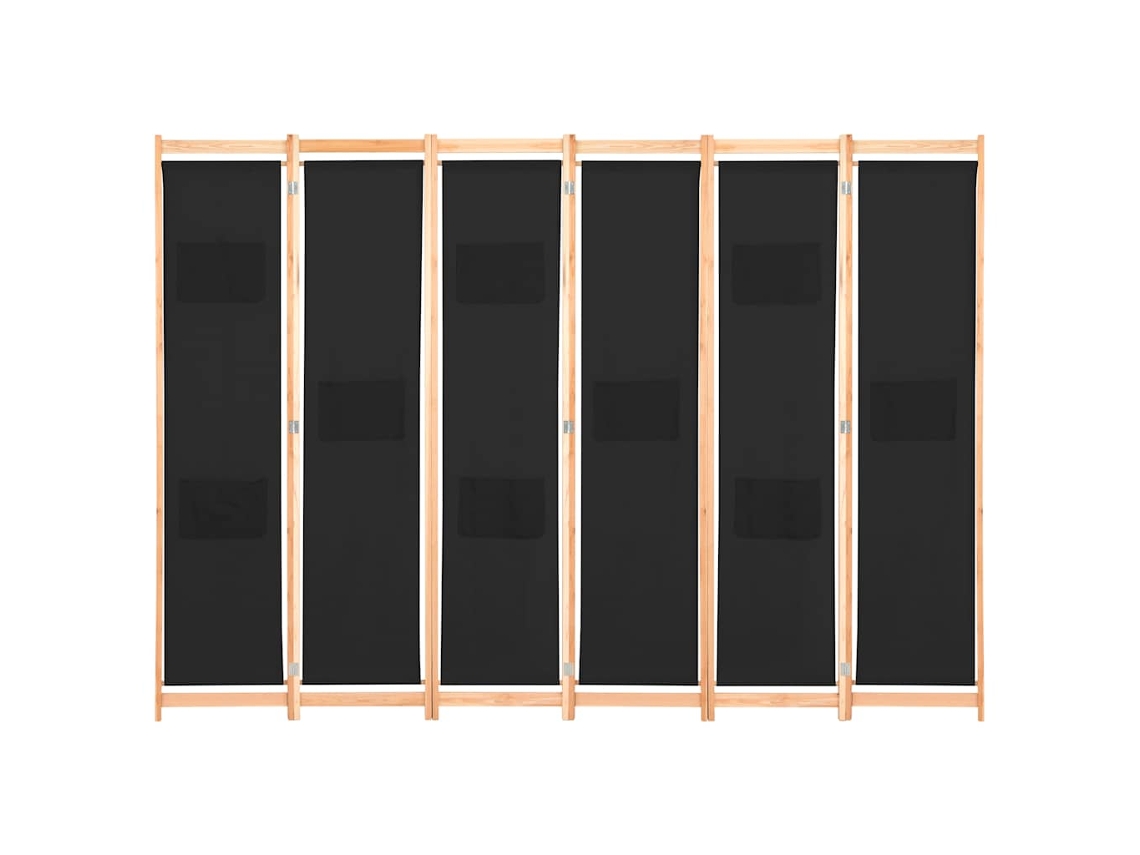 Separador de ambientes con 6 paneles, 240x170x4 cm, tela negra.