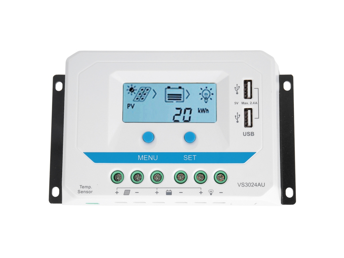 Controlador De Carga Solar Pwm 10a/20a/30a 12v/24v Auto Con Pantalla Lcd Y Puerto Usb Dual Vs1024au