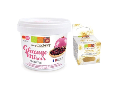 Preparación para glaseado espejo 220 g + Brillo dorado comestible