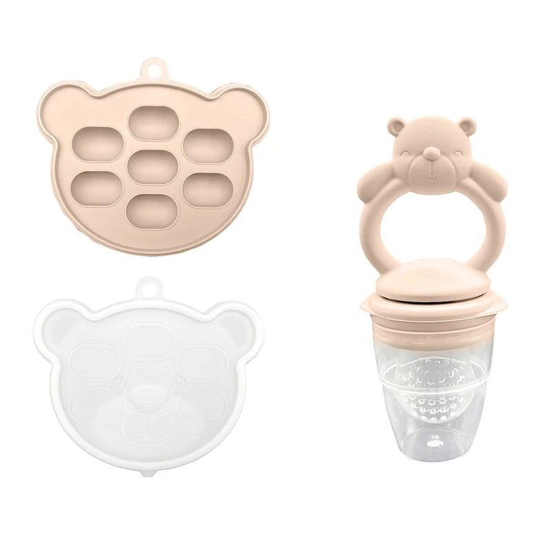 Mordedor/alimentador para bebés CHRUI de 6+ meses, 2 en 1, para aliviar las encías, molde de hielo (oso beige).
