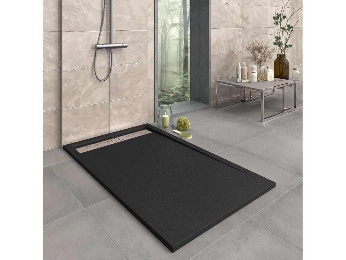 Base de ducha Sierra de resina negra de 120x80 cm con rejilla de acero inoxidable RC