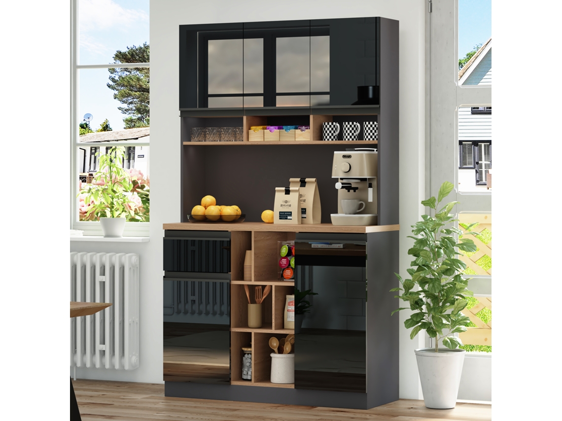 Muebles De Cocina Modernos De 105×45×185 Cm Con Tiradores Metálicos, Estantes Regulables, Cajones Y Espacio De Almacenaje Abierto.