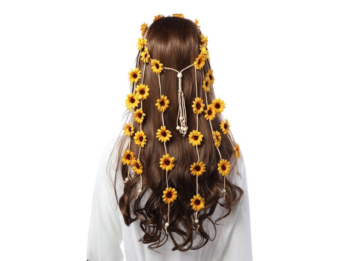 Tiara Hippie Floral Ajustable Con Girasoles Y Perlas Para El Cabello.