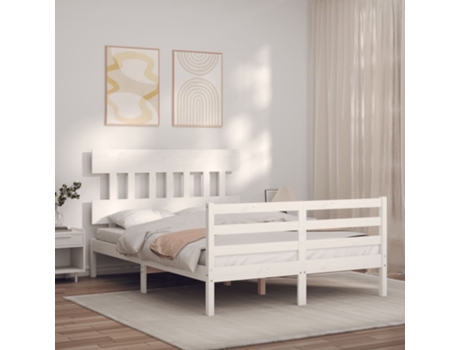 VIDAXL Cama doble blanca de madera maciza con cabecero (Madera - 135 x 190 cm)