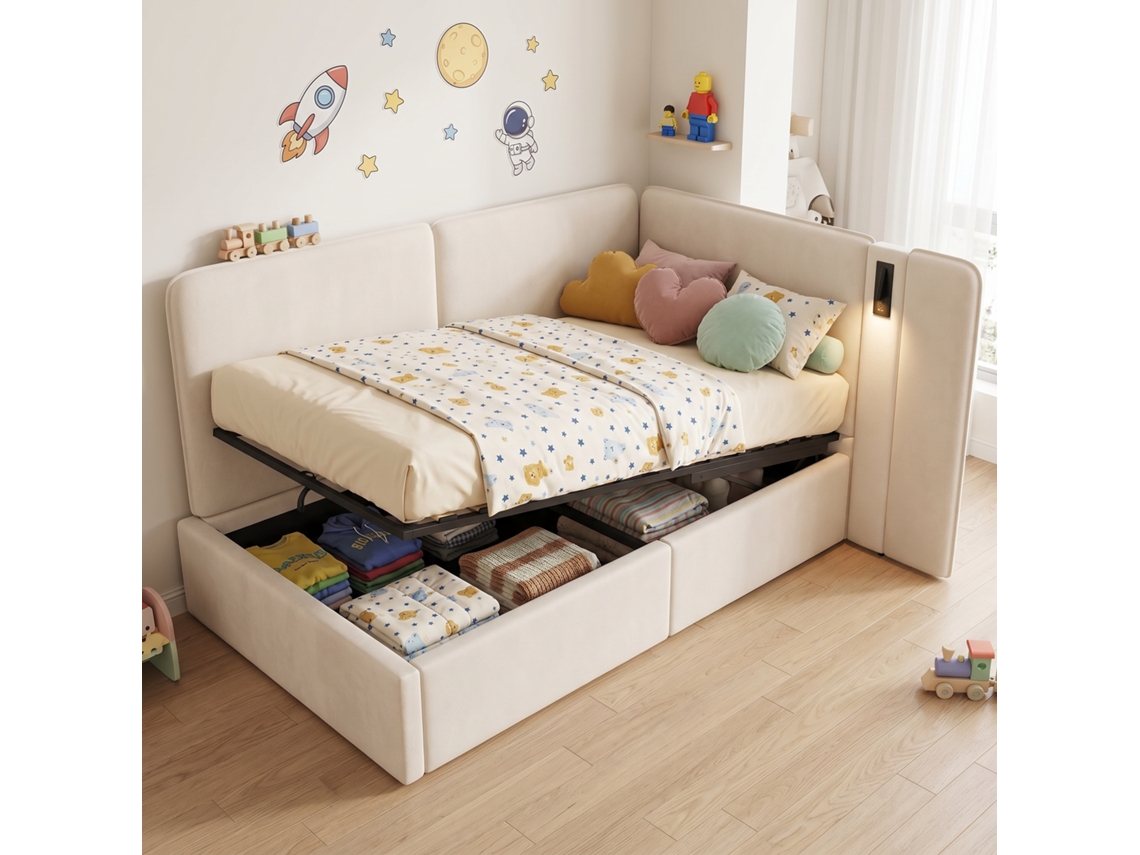 Sofá Cama Chaise Longue De 90x200 Con Puerto Usb Para Lectura, Terciopelo Beige.