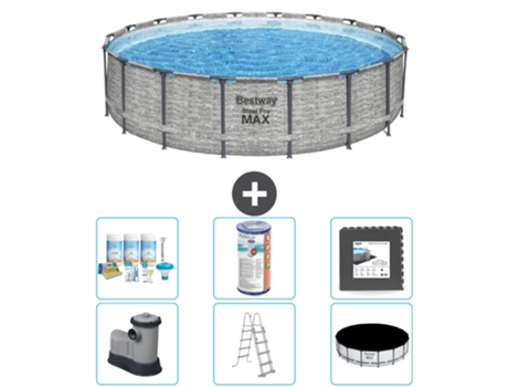 Piscina BESTWAY Round Steel Pro MAX - Estampado Piedra - 549 x 122 - Incluye Bomba - Escalera - Cobertor Paquete de mantenimiento - Filtrar - Baldosas