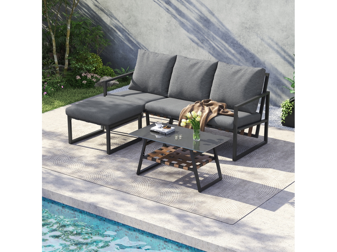 Conjunto De Muebles De Jardín: Sofá Esquinero, Mesa De Centro, Otomana, Cristal Gris.