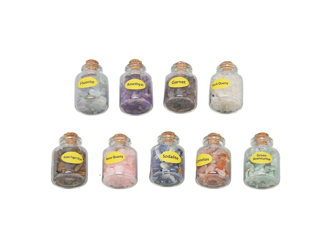 9 Botellas De Piedra Curativa Con Fragmentos De Cristal En Varios Estilos Para Manualidades Y Decoración.