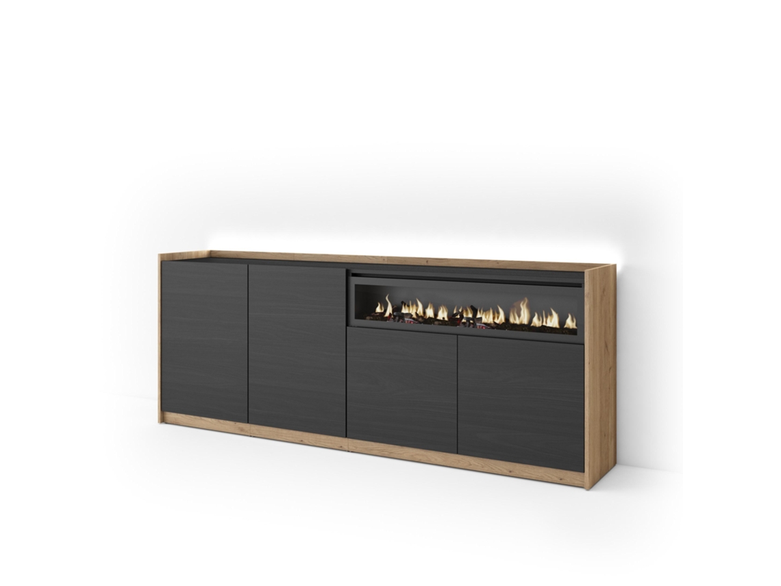 Aparador Para Salón, 207x37x80cm, 4 Puertas, Chimenea Eléctrica, Led, Negro Y Roble