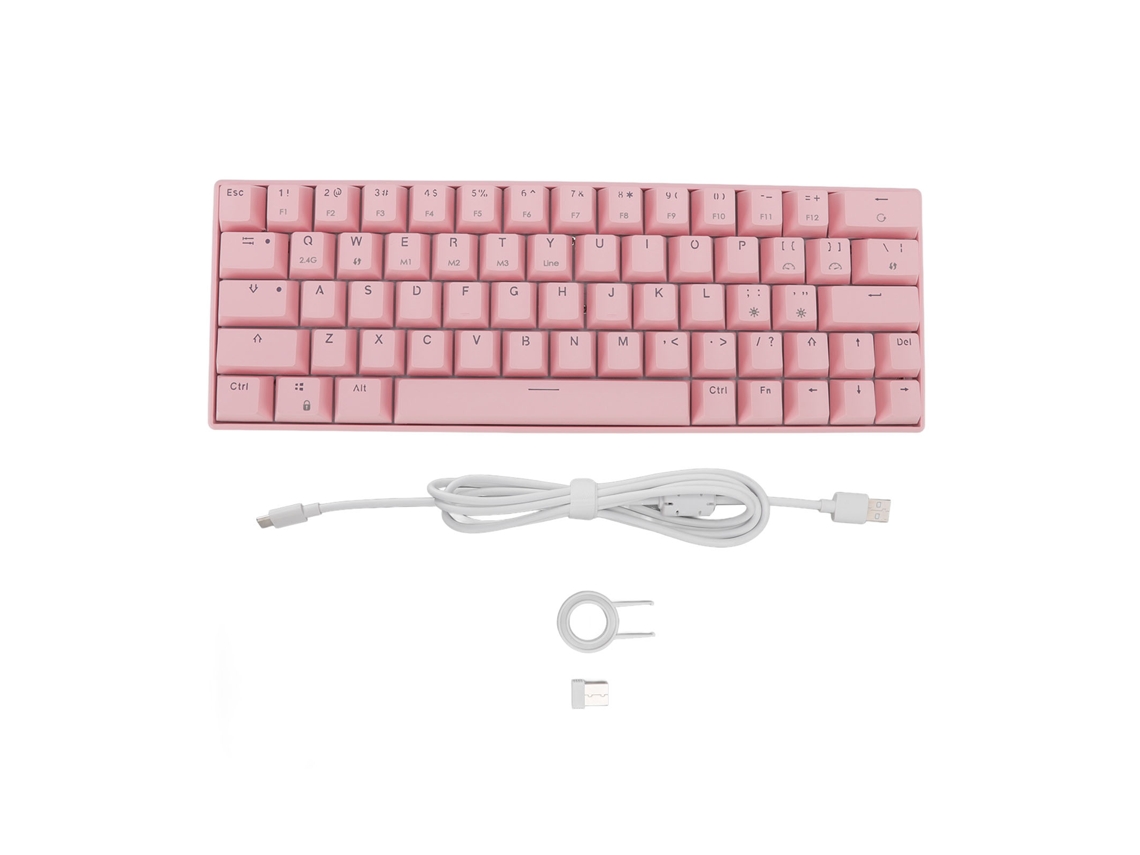 Teclado Mecânico 64 Teclas Rosa Switch Vermelho Sem Fio 2.4g Bluetooth 3.0 5.0 Type C Para Gaming Windows