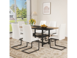 Conjunto De Mesa De Comedor Rectangular De 160 Cm Con Estante Y 6 Sillones En Cuero Sintético Blanco