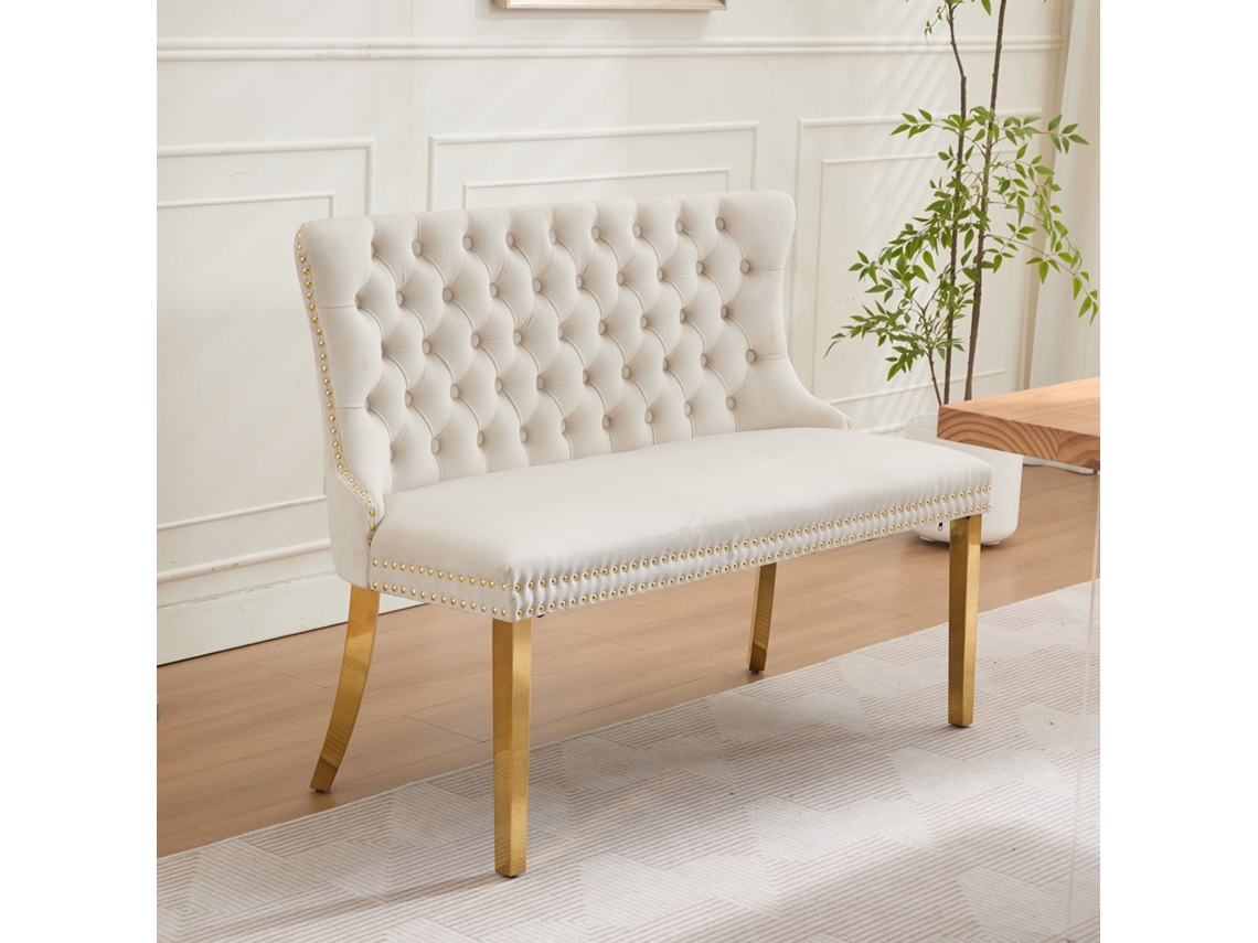 Banco Doble Tapizado En Terciopelo Con Botones De Acero Dorados Y Beige.