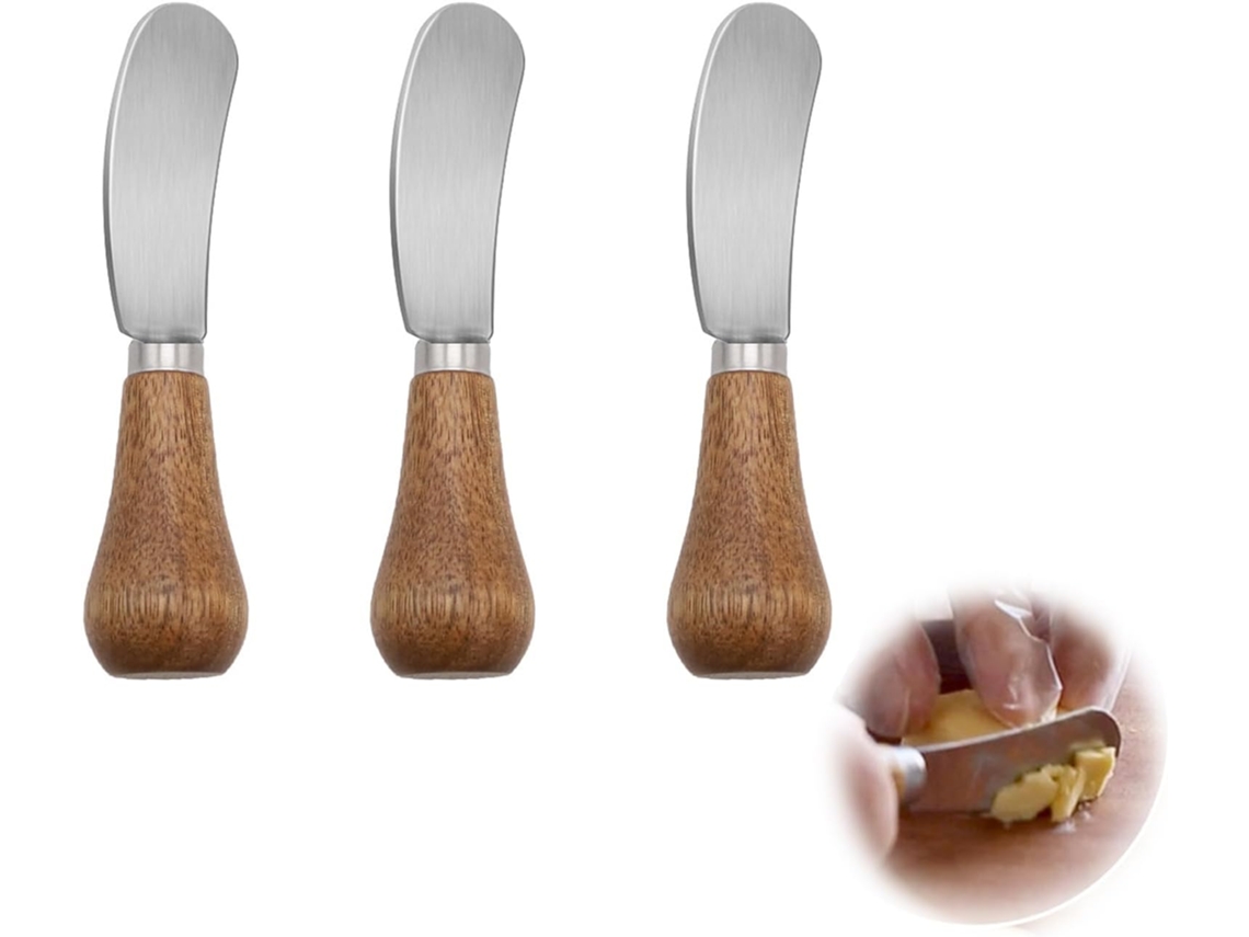 3 cuchillos para mantequilla - Acero inoxidable pequeño - Cuchillos para queso - Raspador con mango de madera (plateado)