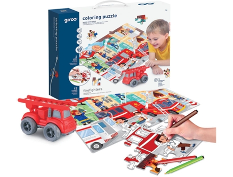 Blocs de Construcción GIROS Play Puzzle Colorear 2 Caras + Carro 48 Pzs Bomberos (Edad Mínima: 3 Años - 32,8 x 7,1 x 26,3 cm)