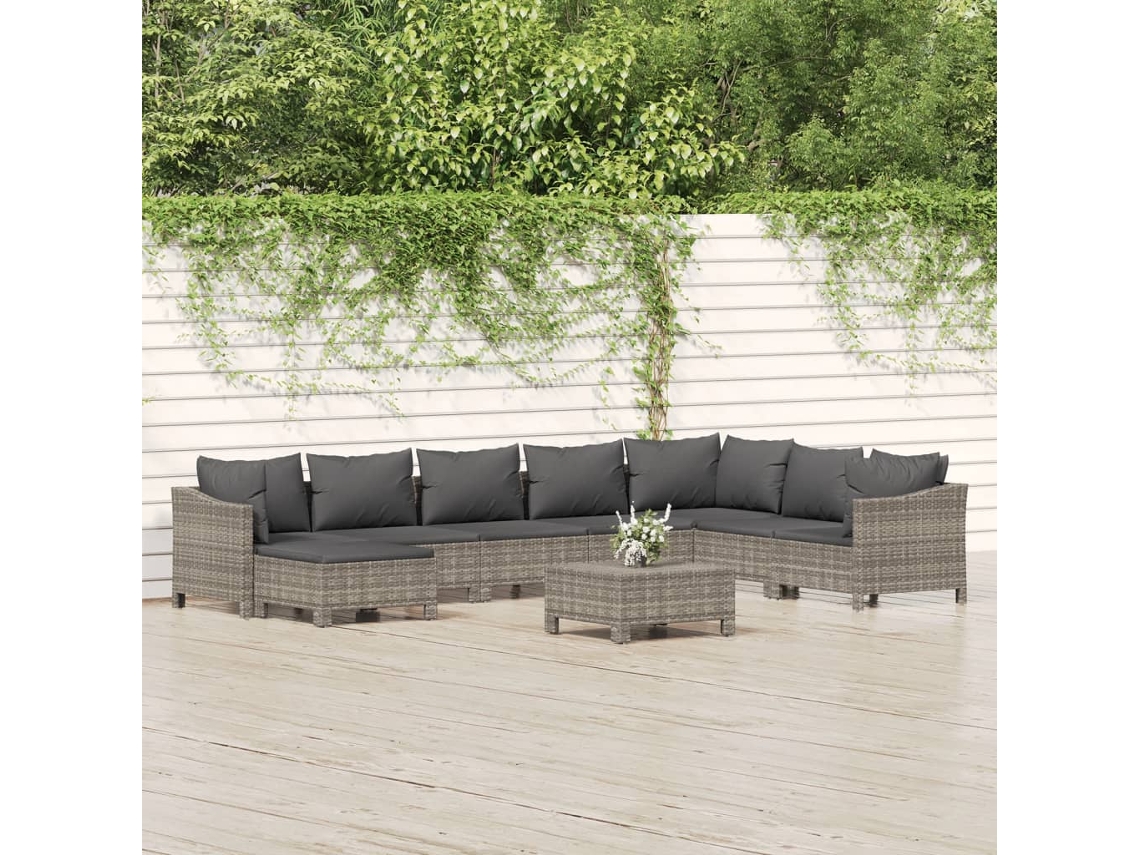 Conjunto de jardín de 9 piezas con cojines, ratán gris, DKD Home Decor