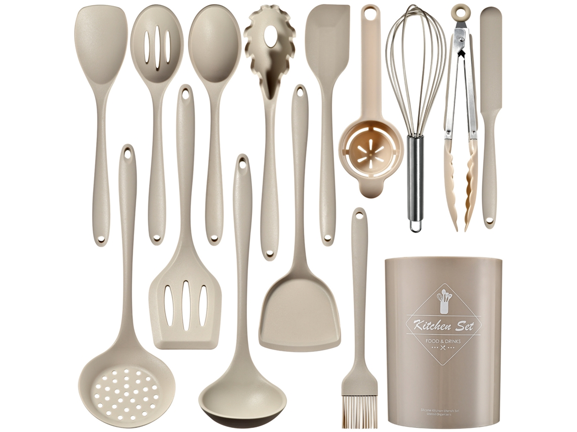 15 Peças De Utensílios De Cozinha De Silicone Panelas Resistentes Ao Calor Cáqui GERTIZ