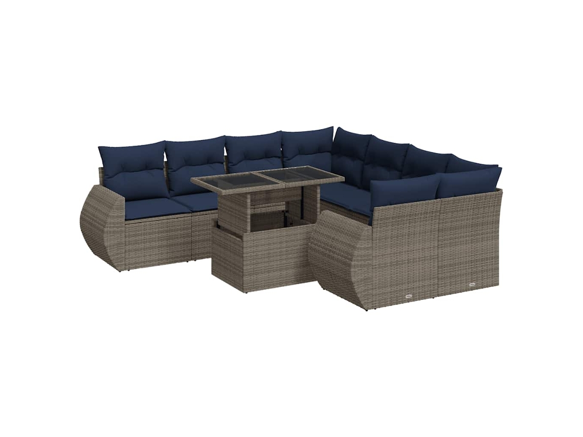 Conjunto de 9 sofás de jardín con cojines, mimbre/madera de acacia, gris, EXCLUSIVO DE LA CASA