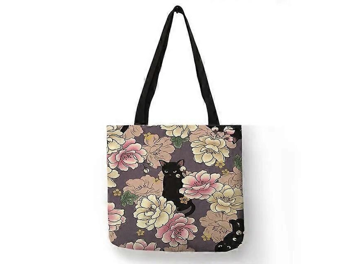 Bolso de compras para mujer con estampado floral de gatitos de dibujos animados, bolso de hombro de tela de lino, ecológico, reutilizable y de GOKOCO.