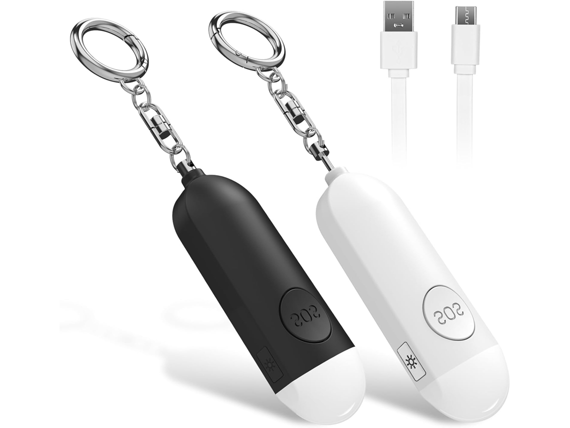 Alarma personal de bolsillo (paquete de 2) - 130 dB - Luz LED - Recargable - Color negro/blanco
