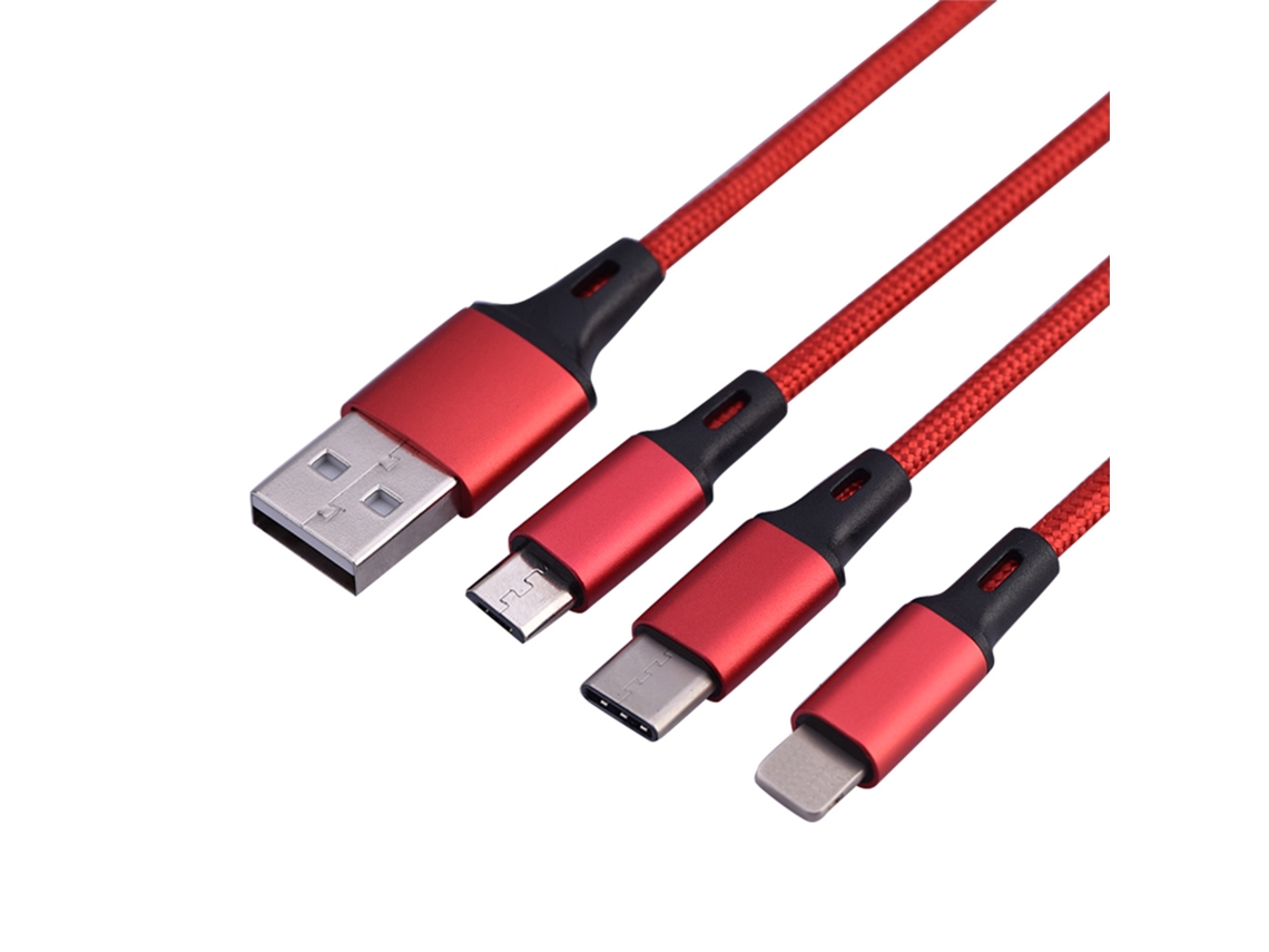 Cable De Datos De Carga Rápida 3 En 1 De 1.2 M Para Iphone Android Cable De Cargador Usb Rojo 2a